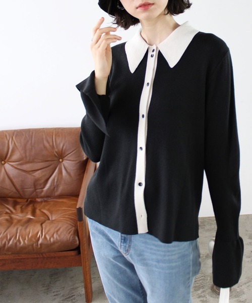 GeeRA（ジーラ）の「ポロ衿配色ニットカーディガン（カーディガン/ボレロ・レディース・ブラック/グリーン・MEDIUM/LARGE）」の9枚目の写真