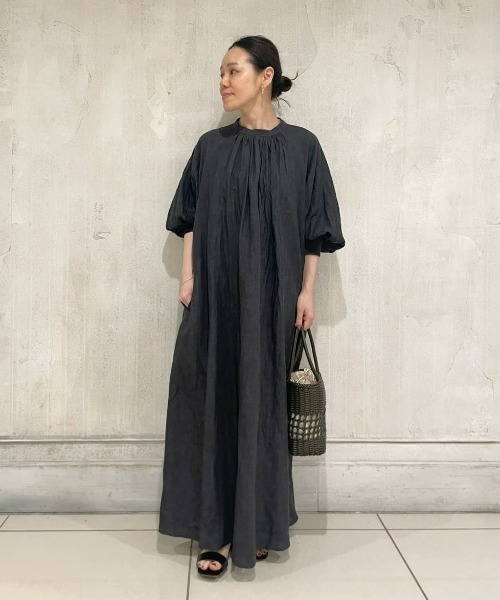 【美品】ビアズリー ドット パフスリーブ リネン ワンピース パフスリーブドット柄ワンピース｜プロポーションボディ