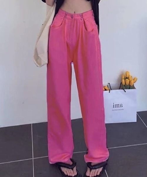 Achic（アシック）の「ハイウエストワイドデニムパンツ（デニムパンツ・レディース・ホワイト/ブラック/サックスブルー/グリーン/ブルー/ピンク/パープル系1/ミント/ライトオレンジ系・S/M/L）」の8枚目の写真