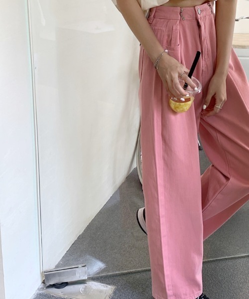 Achic（アシック）の「ハイウエストワイドデニムパンツ（デニムパンツ・レディース・ホワイト/ブラック/サックスブルー/グリーン/ブルー/ピンク/パープル系1/ミント/ライトオレンジ系・S/M/L）」の19枚目の写真