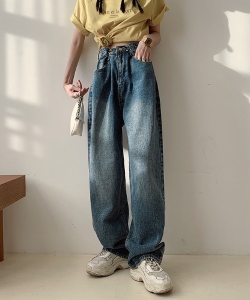 Achic（アシック）の「ハイウエストワイドデニムパンツ（デニムパンツ・レディース・ホワイト/ブラック/サックスブルー/グリーン/ブルー/ピンク/パープル系1/ミント/ライトオレンジ系・S/M/L）」の17枚目の写真