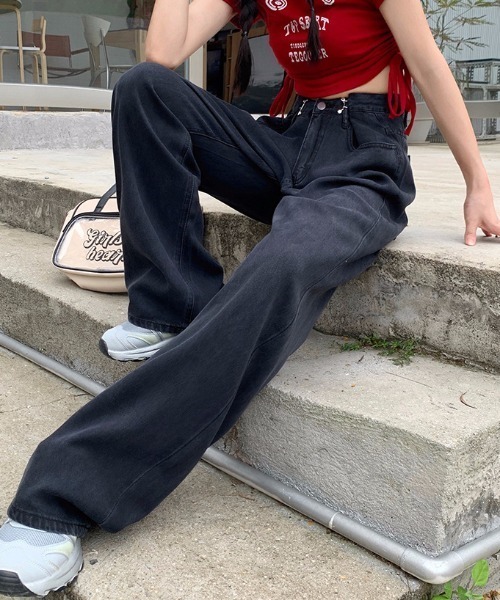 Achic（アシック）の「ハイウエストワイドデニムパンツ（デニムパンツ・レディース・ホワイト/ブラック/サックスブルー/グリーン/ブルー/ピンク/パープル系1/ミント/ライトオレンジ系・S/M/L）」の12枚目の写真