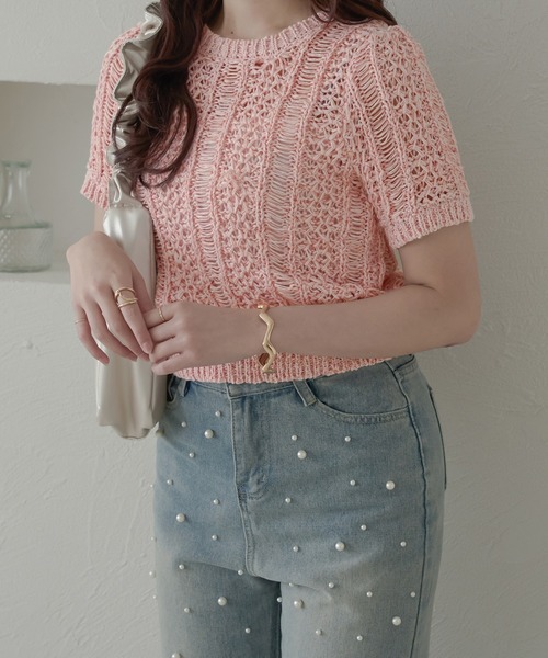 Ambre Neige(アンブルネージュ)の「透かし編みサマーニット/【WEB/EC限定商品】(ニット/セーター・レディース・アイボリー/ベージュ/ピンク・FREE)」の3枚目の写真