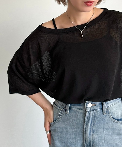 apres jour mignon(アプレジュールミニョン)の「オフショルTシャツ【ZOZOTOWN限定アイテム】(Tシャツ/カットソー・レディース・ブルー系その他/ブラック/オフホワイト・フリー/X-LARGE)」の2枚目の写真