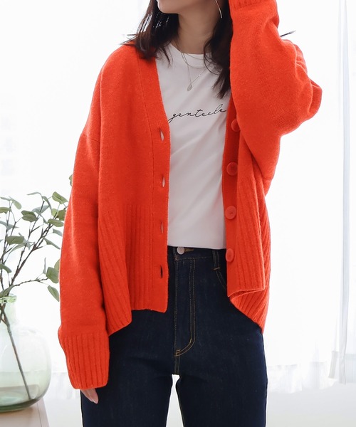 WHB☆プロフ必読！！！オレンジ ボタン付きカーディガン フリーサイズ ◇洗えるもちもちVネックボックスカーディガン（カーディガン/ボレロ