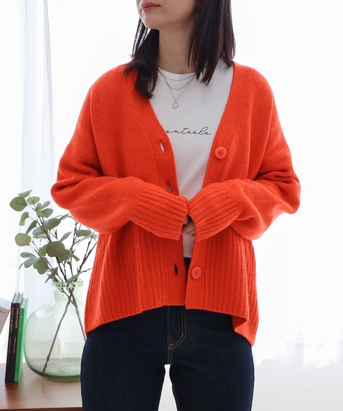 WHB☆プロフ必読！！！オレンジ ボタン付きカーディガン フリーサイズ 裾リブカーディガン（カーディガン/ボレロ）｜Social GIRL（ソーシャル