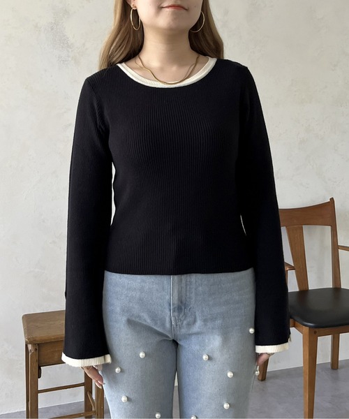 prose verse(プロズヴェール)の「スリット入りバイカラーフレアスリーブニット(ニット/セーター・レディース・ブラック/ネイビー/チャコール/アイボリー・フリ-)」の22枚目の写真