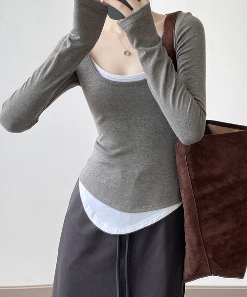 aimoha(アイモハ)の「レイヤード風カットソートップス(Tシャツ/カットソー・レディース・キャメル/ブラック/グレー・LARGE/MEDIUM)」の12枚目の写真