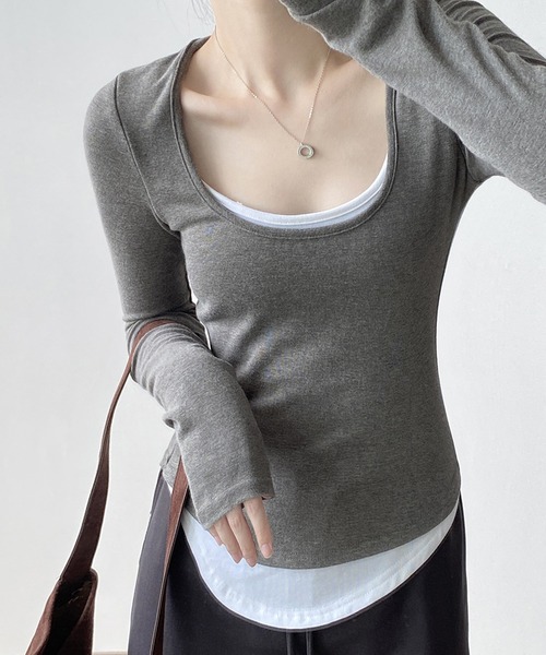 aimoha(アイモハ)の「レイヤード風カットソートップス(Tシャツ/カットソー・レディース・キャメル/ブラック/グレー・LARGE/MEDIUM)」の7枚目の写真