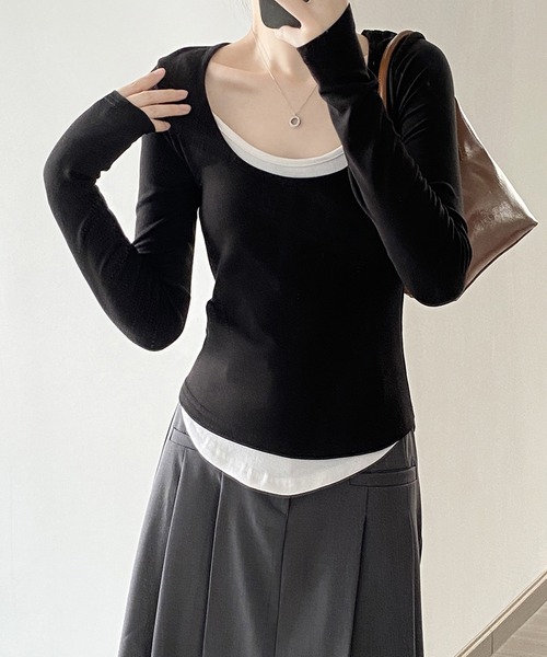 aimoha(アイモハ)の「レイヤード風カットソートップス(Tシャツ/カットソー・レディース・キャメル/ブラック/グレー・LARGE/MEDIUM)」の6枚目の写真