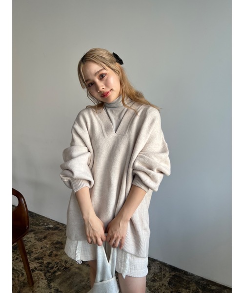 ニット/セーター jumelle retro knit beige 洗える】WILLOW / アシンメトリーレースクルーネックニット