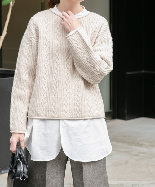 FORK&SPOON（フォークアンドスプーン）の「FORK&SPOON　ミニケーブルニットプルオーバー（ニット/セーター・レディース・ライトベージュ/ライトグレー/チャコールグレー・1）」の3枚目の写真