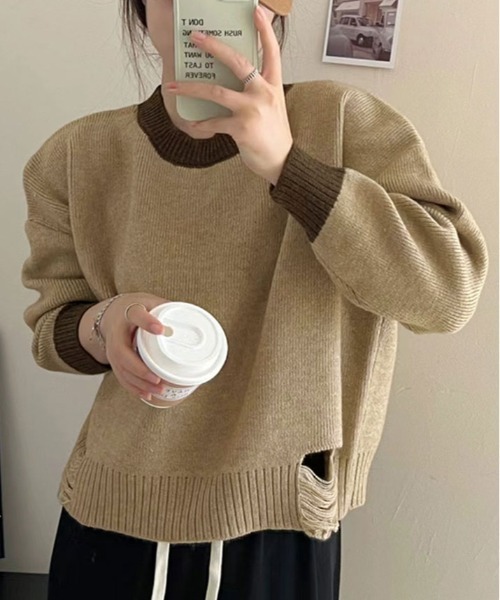 kirakiraShop(キラキラショップ)の「裾ダメージ 配色 クルーネック ニット(ニット/セーター・レディース・ブラック/グレー/ベージュ・FREE)」の3枚目の写真