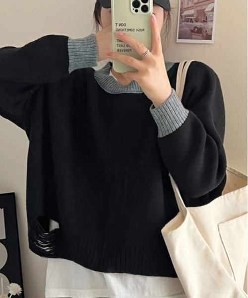 kirakiraShop(キラキラショップ)の「裾ダメージ 配色 クルーネック ニット(ニット/セーター・レディース・ブラック/グレー/ベージュ・FREE)」の1枚目の写真