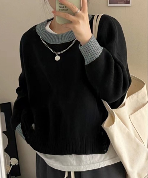 kirakiraShop(キラキラショップ)の「裾ダメージ 配色 クルーネック ニット(ニット/セーター・レディース・ブラック/グレー/ベージュ・FREE)」の5枚目の写真