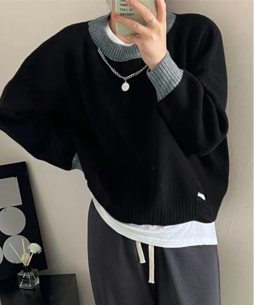 kirakiraShop(キラキラショップ)の「裾ダメージ 配色 クルーネック ニット(ニット/セーター・レディース・ブラック/グレー/ベージュ・FREE)」の6枚目の写真