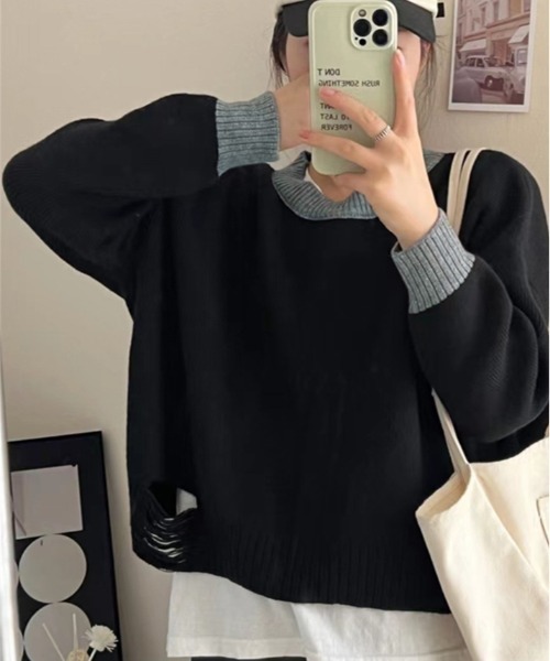 kirakiraShop(キラキラショップ)の「裾ダメージ 配色 クルーネック ニット(ニット/セーター・レディース・ブラック/グレー/ベージュ・FREE)」の7枚目の写真