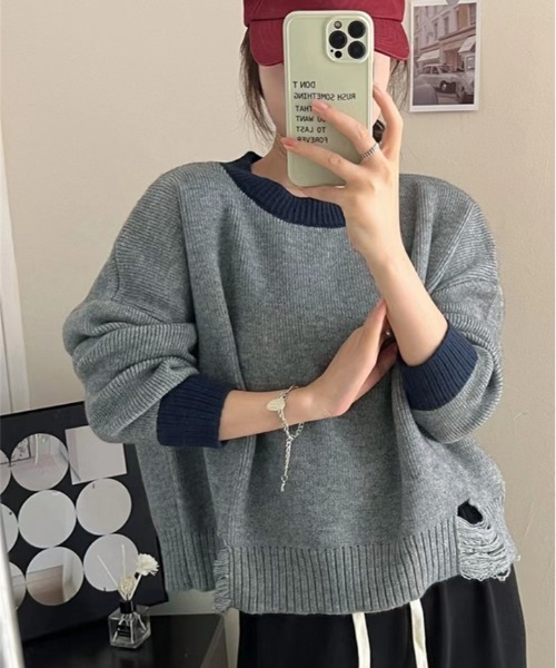 kirakiraShop(キラキラショップ)の「裾ダメージ 配色 クルーネック ニット(ニット/セーター・レディース・ブラック/グレー/ベージュ・FREE)」の8枚目の写真