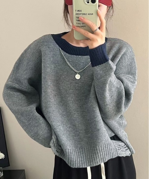 kirakiraShop(キラキラショップ)の「裾ダメージ 配色 クルーネック ニット(ニット/セーター・レディース・ブラック/グレー/ベージュ・FREE)」の9枚目の写真