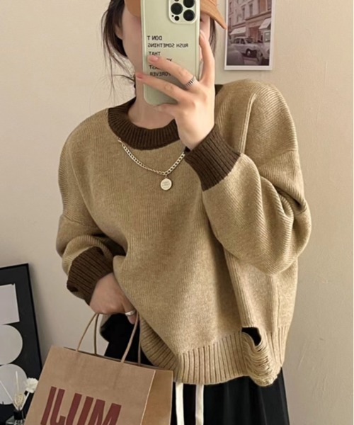 kirakiraShop(キラキラショップ)の「裾ダメージ 配色 クルーネック ニット(ニット/セーター・レディース・ブラック/グレー/ベージュ・FREE)」の10枚目の写真