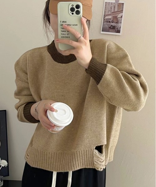 kirakiraShop(キラキラショップ)の「裾ダメージ 配色 クルーネック ニット(ニット/セーター・レディース・ブラック/グレー/ベージュ・FREE)」の4枚目の写真