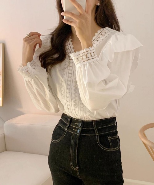 MAISON DE THERESE(メゾン ド テレーズ)の「フレンチレースVネックパフスリーブシャツ(シャツ/ブラウス・レディース・ホワイト/ブラック・S/M/L)」の7枚目の写真