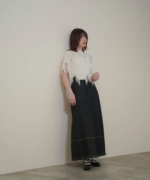 mimi toujours（ミミトゥジュール）の「ショート丈 ダメージ ニット トップス mimi toujours×itsPeachi（ニット/セーター・レディース・イエロー/ライトブルー/ホワイト・M）」の13枚目の写真