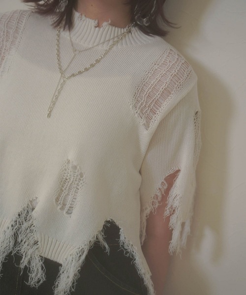 mimi toujours（ミミトゥジュール）の「ショート丈 ダメージ ニット トップス mimi toujours×itsPeachi（ニット/セーター・レディース・イエロー/ライトブルー/ホワイト・M）」の14枚目の写真