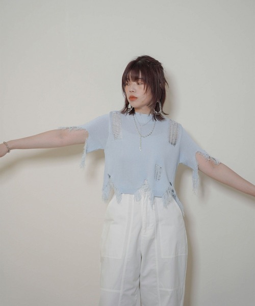 mimi toujours（ミミトゥジュール）の「ショート丈 ダメージ ニット トップス mimi toujours×itsPeachi（ニット/セーター・レディース・イエロー/ライトブルー/ホワイト・M）」の18枚目の写真