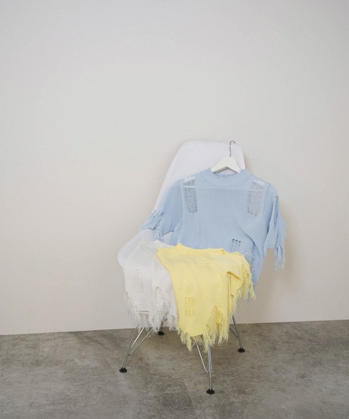 mimi toujours（ミミトゥジュール）の「ショート丈 ダメージ ニット トップス mimi toujours×itsPeachi（ニット/セーター・レディース・イエロー/ライトブルー/ホワイト・M）」の20枚目の写真
