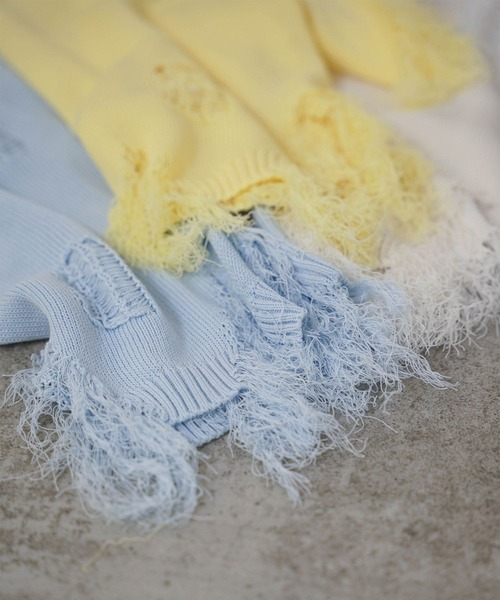 mimi toujours（ミミトゥジュール）の「ショート丈 ダメージ ニット トップス mimi toujours×itsPeachi（ニット/セーター・レディース・イエロー/ライトブルー/ホワイト・M）」の21枚目の写真