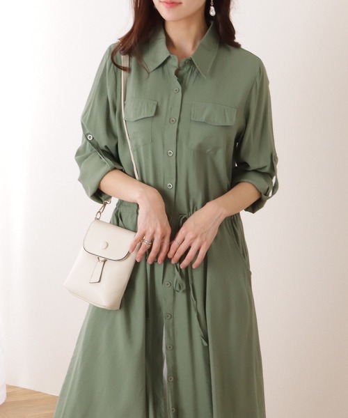 Lace Ladies（レースレディース）の「前開き フレア ロング シャツ ワンピース（ワンピース・レディース・ブラック/グレー/ベージュ/ネイビー/グリーン・S/M/XL）」の4枚目の写真