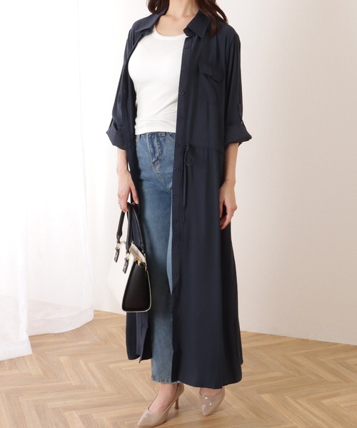 Lace Ladies（レースレディース）の「前開き フレア ロング シャツ ワンピース（ワンピース・レディース・ブラック/グレー/ベージュ/ネイビー/グリーン・S/M/XL）」の6枚目の写真