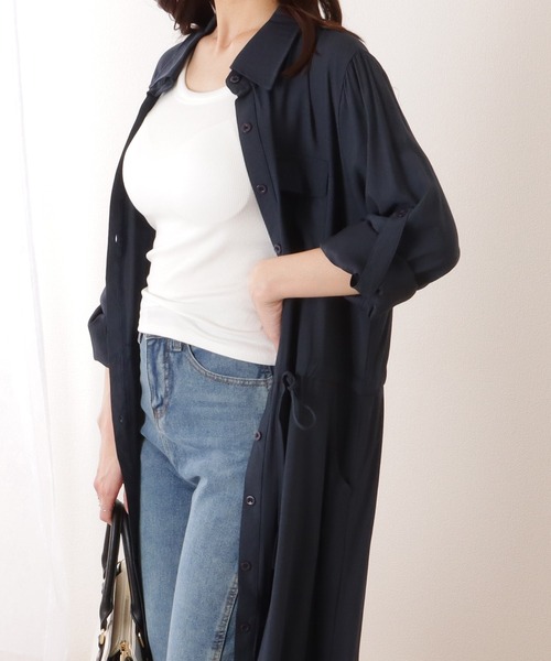Lace Ladies（レースレディース）の「前開き フレア ロング シャツ ワンピース（ワンピース・レディース・ブラック/グレー/ベージュ/ネイビー/グリーン・S/M/XL）」の7枚目の写真