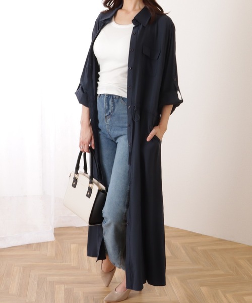 Lace Ladies（レースレディース）の「前開き フレア ロング シャツ ワンピース（ワンピース・レディース・ブラック/グレー/ベージュ/ネイビー/グリーン・S/M/XL）」の8枚目の写真