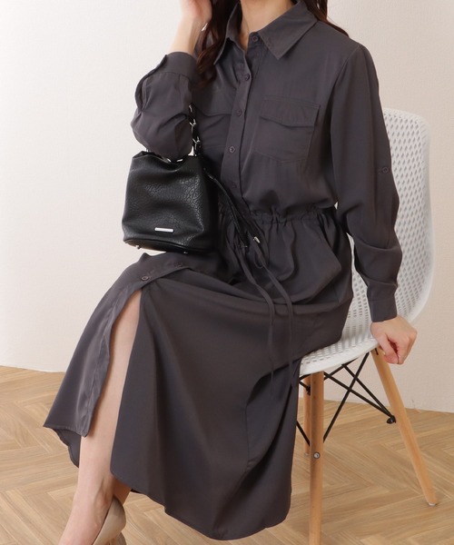 Lace Ladies（レースレディース）の「前開き フレア ロング シャツ ワンピース（ワンピース・レディース・ブラック/グレー/ベージュ/ネイビー/グリーン・S/M/XL）」の15枚目の写真