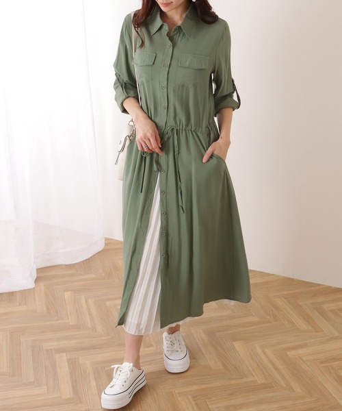 Lace Ladies（レースレディース）の「前開き フレア ロング シャツ ワンピース（ワンピース・レディース・ブラック/グレー/ベージュ/ネイビー/グリーン・S/M/XL）」の17枚目の写真
