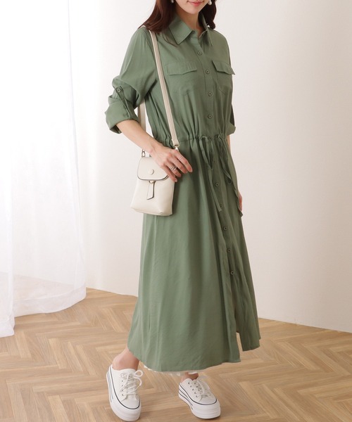 Lace Ladies（レースレディース）の「前開き フレア ロング シャツ ワンピース（ワンピース・レディース・ブラック/グレー/ベージュ/ネイビー/グリーン・S/M/XL）」の18枚目の写真