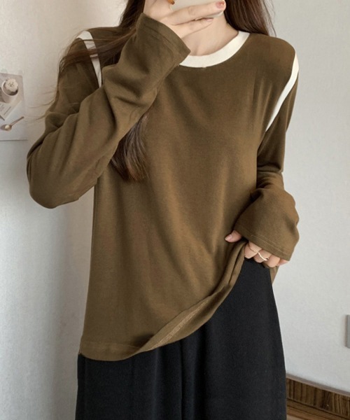 Miniministore(ミニミニストア)の「バイカラー Tシャツ 長袖 韓国風(Tシャツ/カットソー・レディース・ベージュ/ブラック/アイボリー/グレー/ブラウン・FREE)」の5枚目の写真