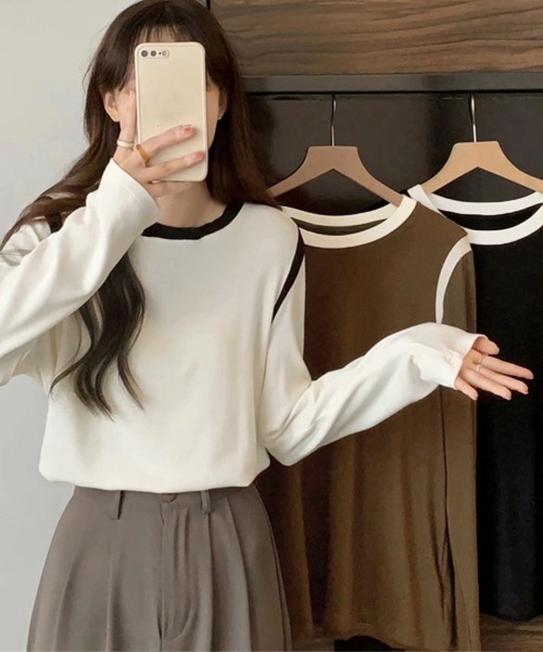 Miniministore(ミニミニストア)の「バイカラー Tシャツ 長袖 韓国風(Tシャツ/カットソー・レディース・ベージュ/ブラック/アイボリー/グレー/ブラウン・FREE)」の6枚目の写真