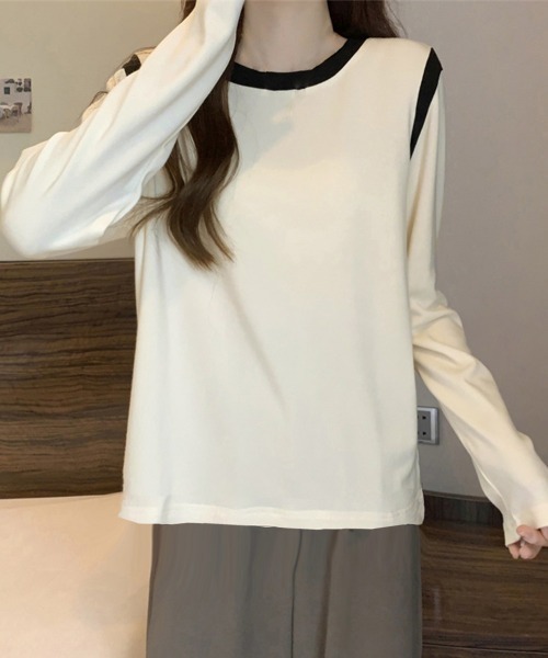 Miniministore(ミニミニストア)の「バイカラー Tシャツ 長袖 韓国風(Tシャツ/カットソー・レディース・ベージュ/ブラック/アイボリー/グレー/ブラウン・FREE)」の7枚目の写真