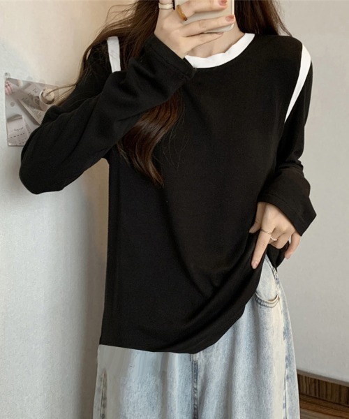 Miniministore(ミニミニストア)の「バイカラー Tシャツ 長袖 韓国風(Tシャツ/カットソー・レディース・ベージュ/ブラック/アイボリー/グレー/ブラウン・FREE)」の19枚目の写真