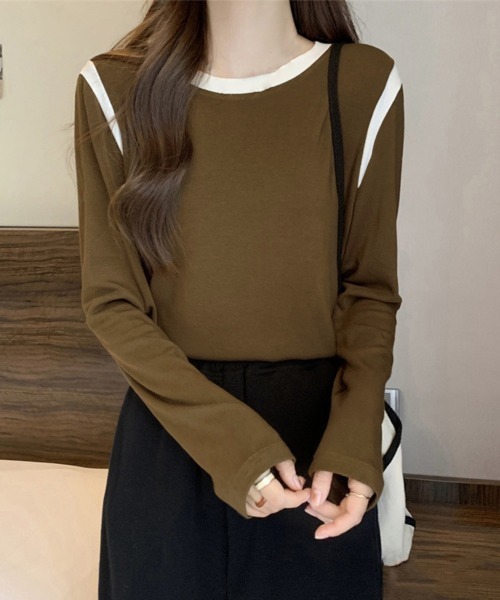 Miniministore(ミニミニストア)の「バイカラー Tシャツ 長袖 韓国風(Tシャツ/カットソー・レディース・ベージュ/ブラック/アイボリー/グレー/ブラウン・FREE)」の20枚目の写真