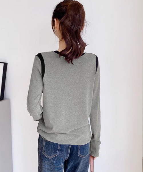 Miniministore(ミニミニストア)の「バイカラー Tシャツ 長袖 韓国風(Tシャツ/カットソー・レディース・ベージュ/ブラック/アイボリー/グレー/ブラウン・FREE)」の21枚目の写真