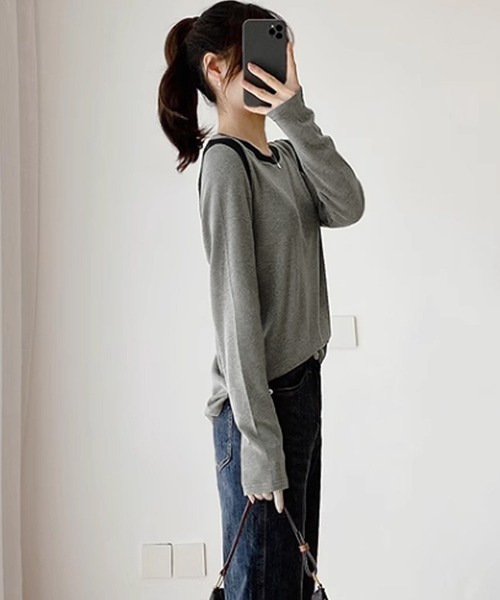 Miniministore(ミニミニストア)の「バイカラー Tシャツ 長袖 韓国風(Tシャツ/カットソー・レディース・ベージュ/ブラック/アイボリー/グレー/ブラウン・FREE)」の22枚目の写真