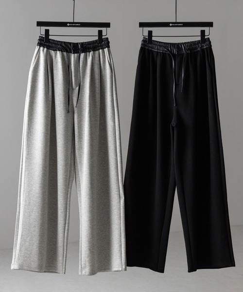 me+em select（ミームセレクト）の「※ツータックレザードッキングワイドスウェットパンツ ／ 2 tuck leather docking wide sweatpants（スウェットパンツ・レディース・ブラック/グレー・SMALL/MEDIUM）」の3枚目の写真