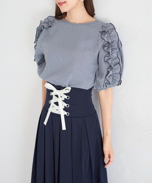 tocco closet(トッコ クローゼット)の「【ZOZO限定】フリルスリーブギンガムチェックブラウス(シャツ/ブラウス・レディース・ネイビー・M)」の3枚目の写真