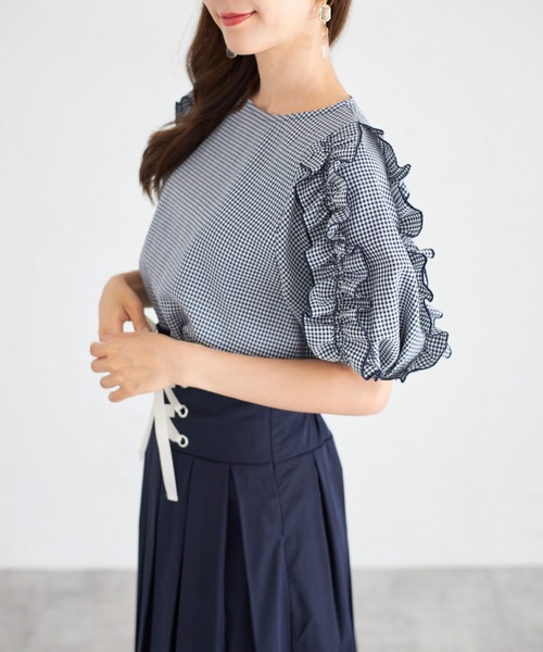 tocco closet(トッコ クローゼット)の「【ZOZO限定】フリルスリーブギンガムチェックブラウス(シャツ/ブラウス・レディース・ネイビー・M)」の13枚目の写真