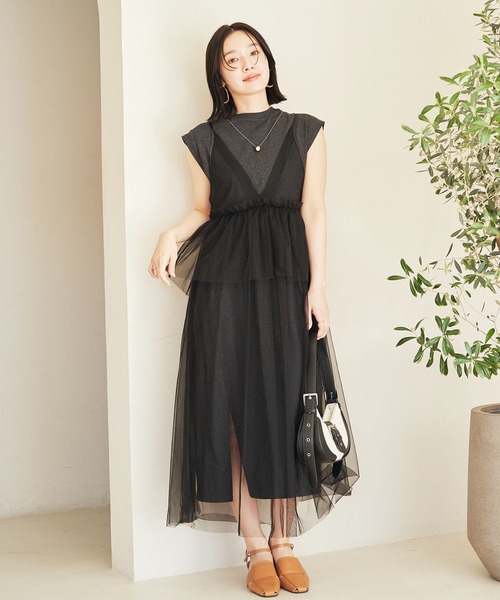 VIS（ビス）の「【洗える】チュールコンビカットワンピース（ワンピース・レディース・オフホワイト/キナリ/ブラック・FREE）」の5枚目の写真