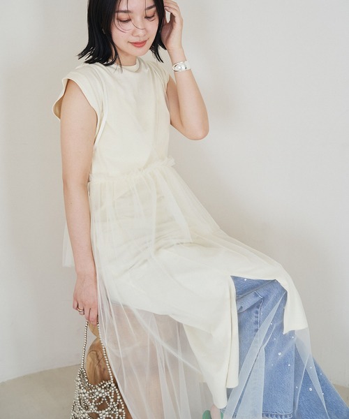 VIS（ビス）の「【洗える】チュールコンビカットワンピース（ワンピース・レディース・オフホワイト/キナリ/ブラック・FREE）」の4枚目の写真